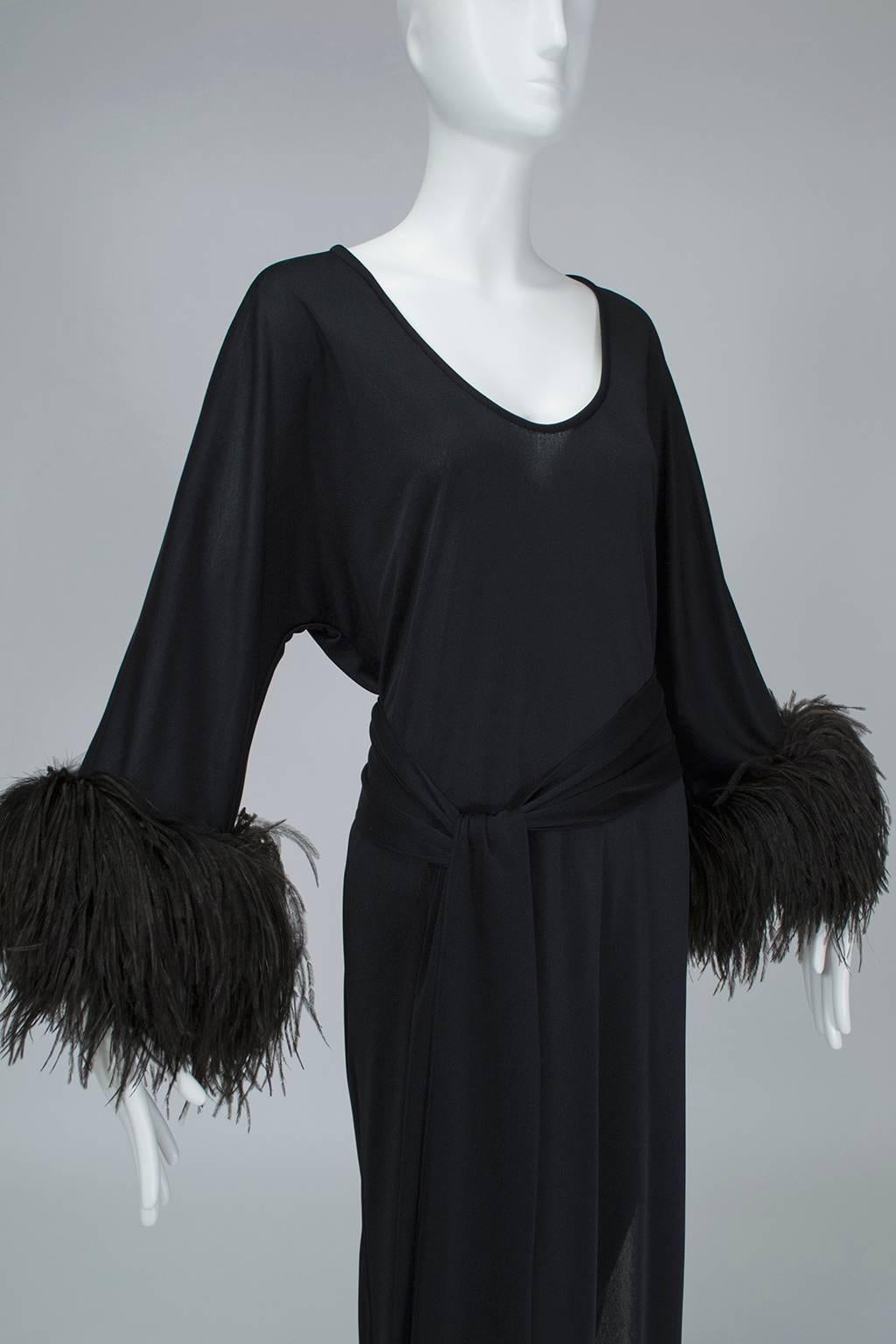 Mr. Blackwell Black Ostrich Feather Cuff Midi Dress, 1960s In Excellent Condition In Tucson, AZ