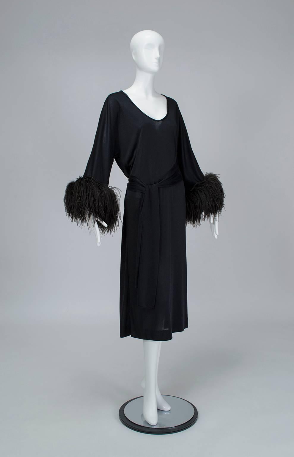 It's hard to beat ostrich feathers for evening drama, and this dress uses just the right quantity to leave an impression. Better still, forgiving jersey fabric provides pajama-like comfort while easy styling flatters a range of sizes.

Vintage