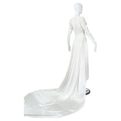 Used Nearly Naked White Satin Deco Wedding Gown w Transparent Lace Panels - XS, 1930s