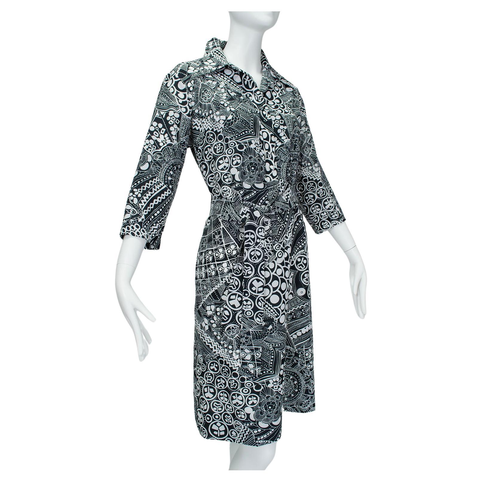 Lanvin Black and White Pop Art Belted Shirtwaist Dress - M-L, 1970s For Sale