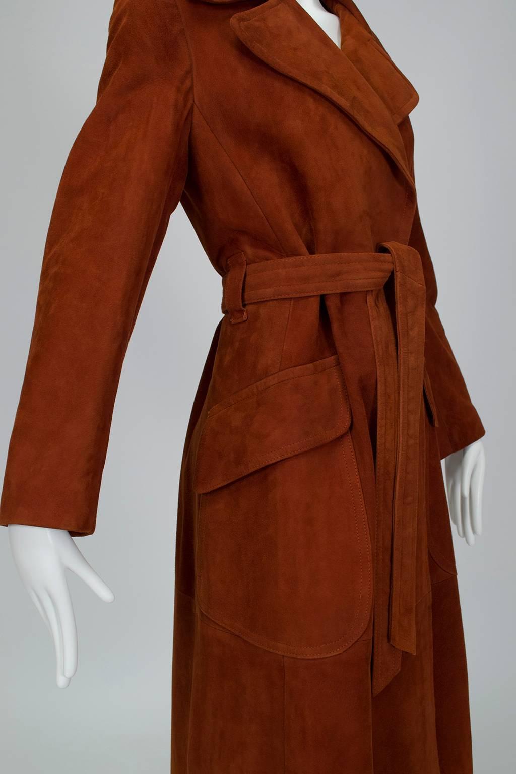 Women's Cinnamon Lambskin Suede Midi Trench Coat, 1970s