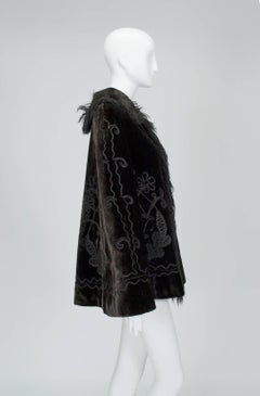 Victorian Brown Mohair and Mongolian Lamb Jet-Beaded Mantle - One Size, 1890s