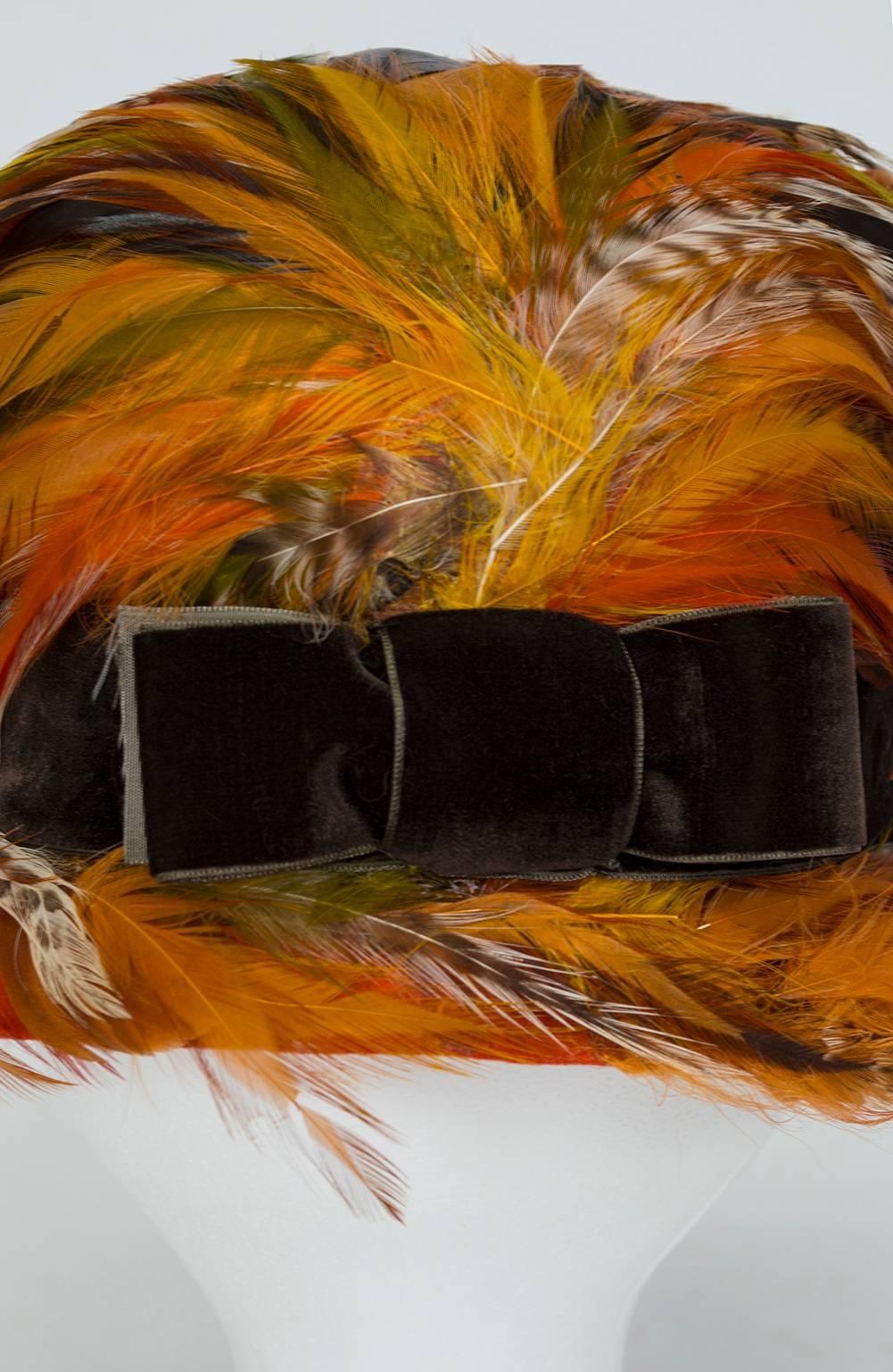 Women's Pumpkin Ostrich and Pheasant Feather Cloche Hat, 1960s 