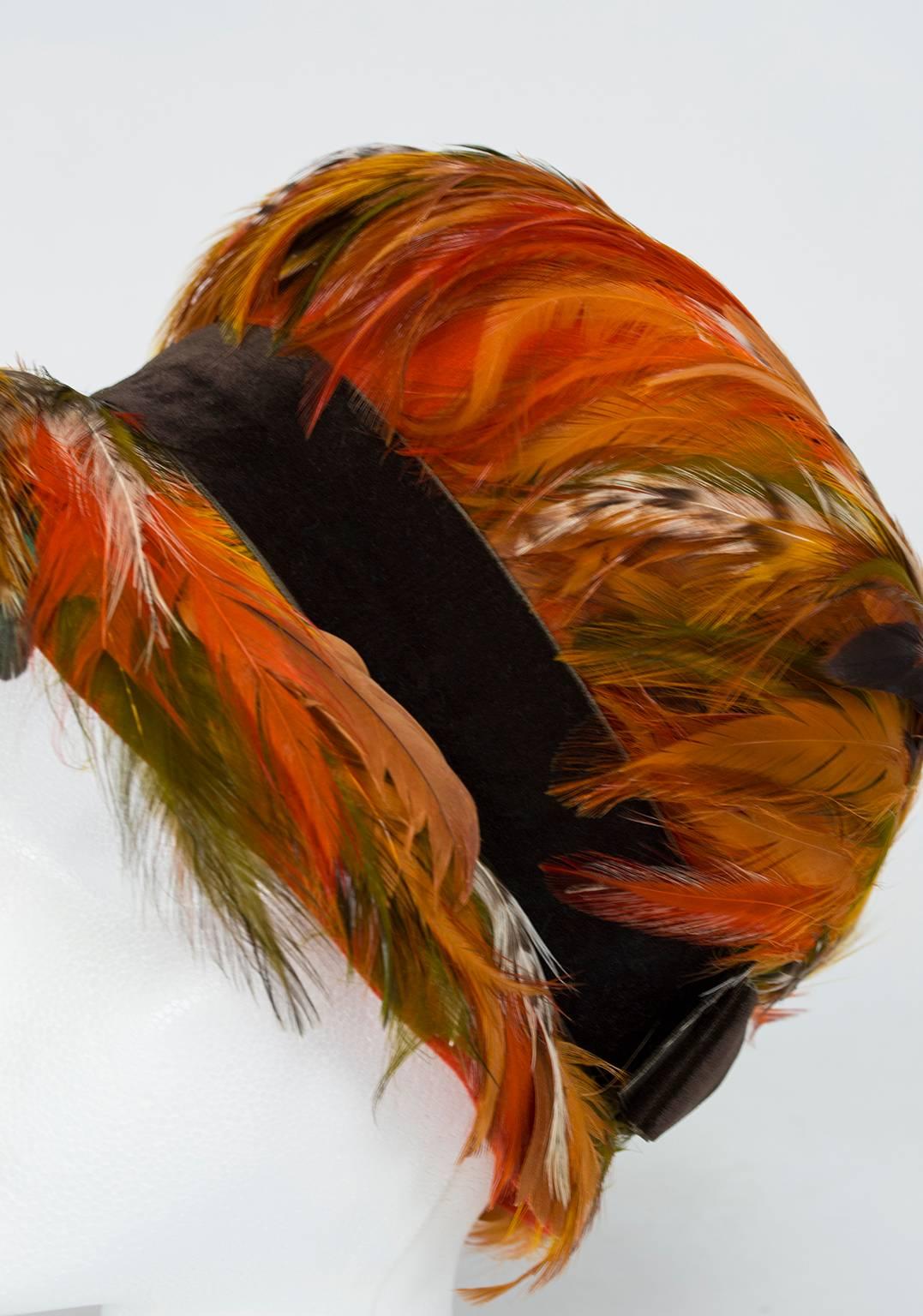 Pumpkin Ostrich and Pheasant Feather Cloche Hat, 1960s  In Excellent Condition In Tucson, AZ