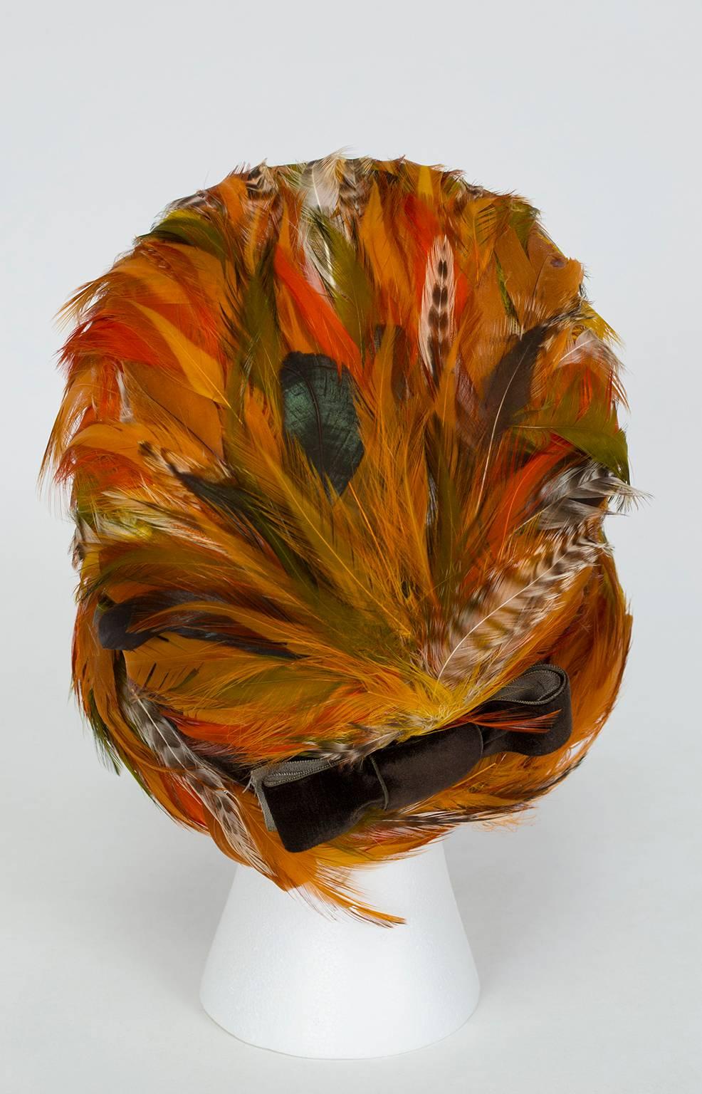 Beige Pumpkin Ostrich and Pheasant Feather Cloche Hat, 1960s 