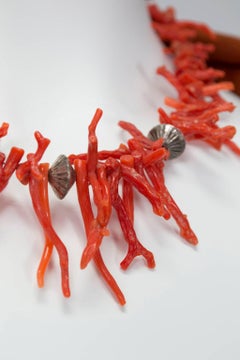 Oxblood Red Branch Coral and Silver Bead Necklace - 16", 1970s