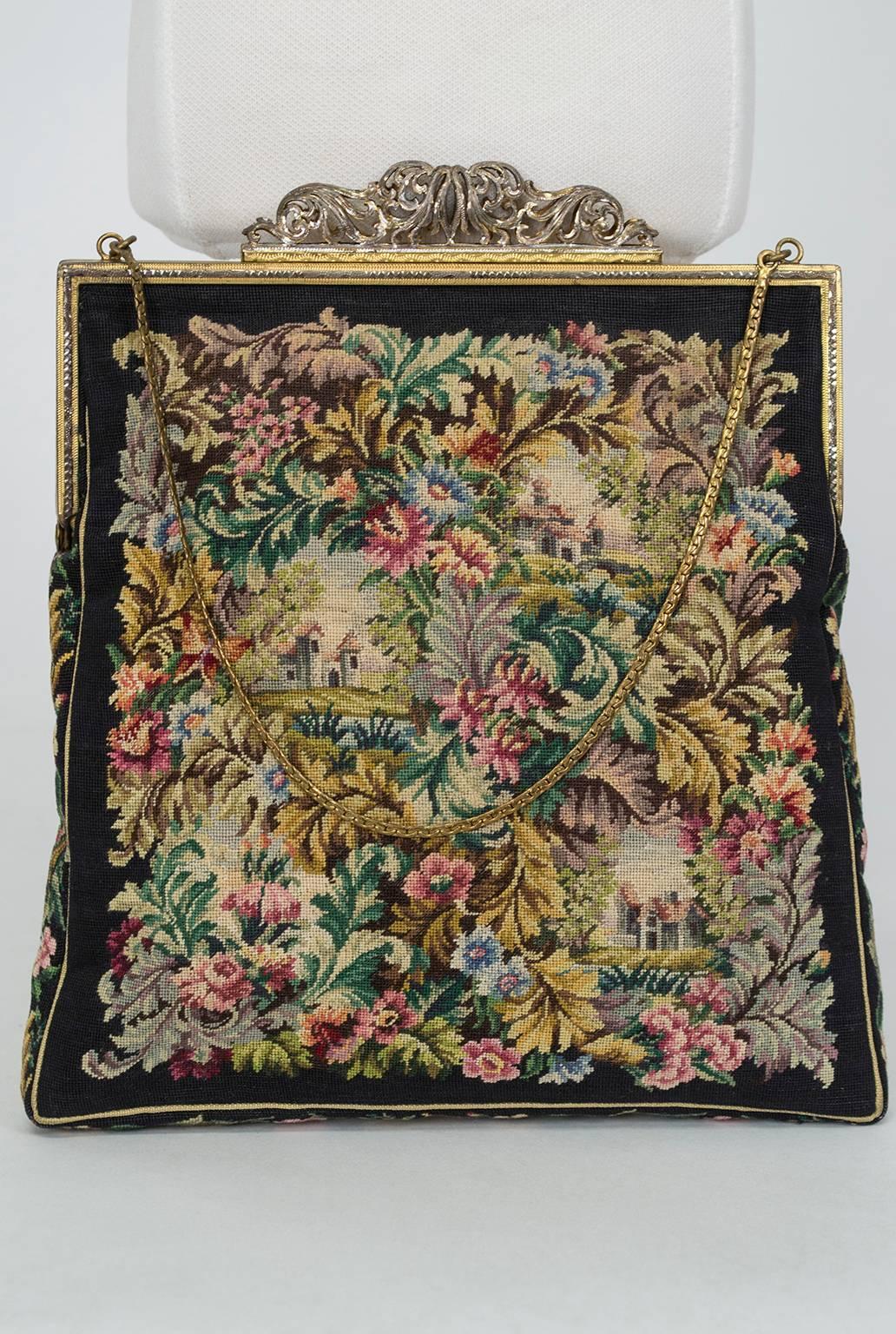 From the Victorian era through the 1930s, petit point and tapestry handbags enjoyed overwhelming popularity among the fashionable set, with the finest examples containing a minimum of 900 stitches per square inch. This Austrian model is one of the