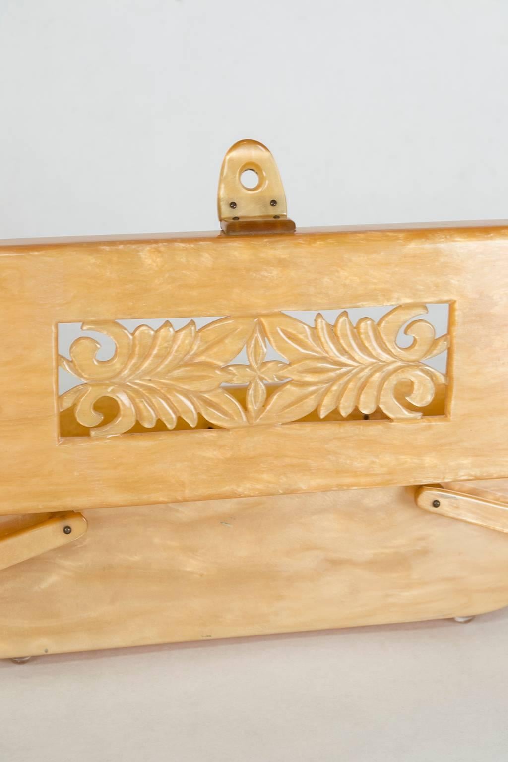 Pearlized Champagne Lucite Box Purse with Pierced Relief Lid, 1950s  2