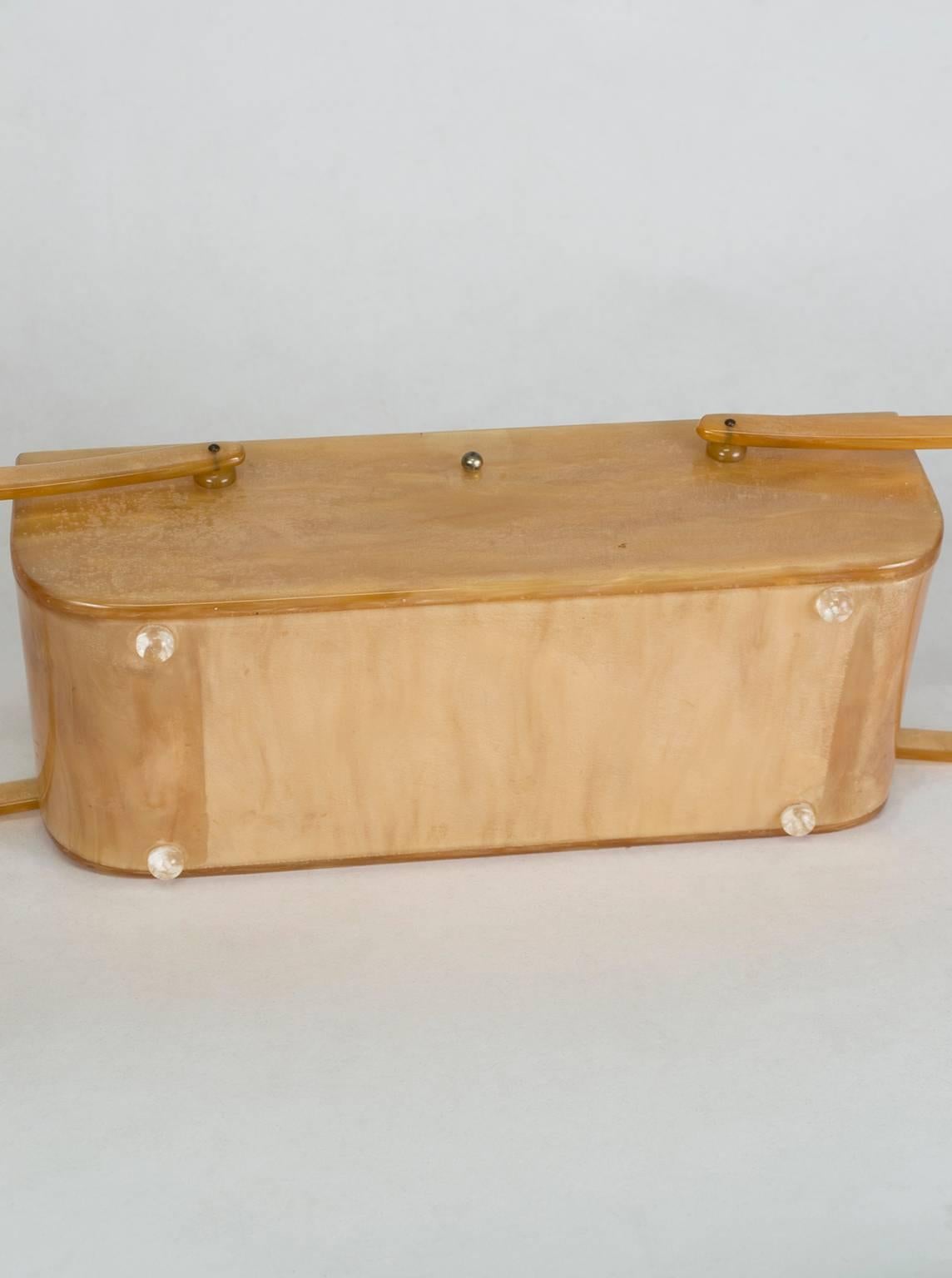 Women's Pearlized Champagne Lucite Box Purse with Pierced Relief Lid, 1950s 