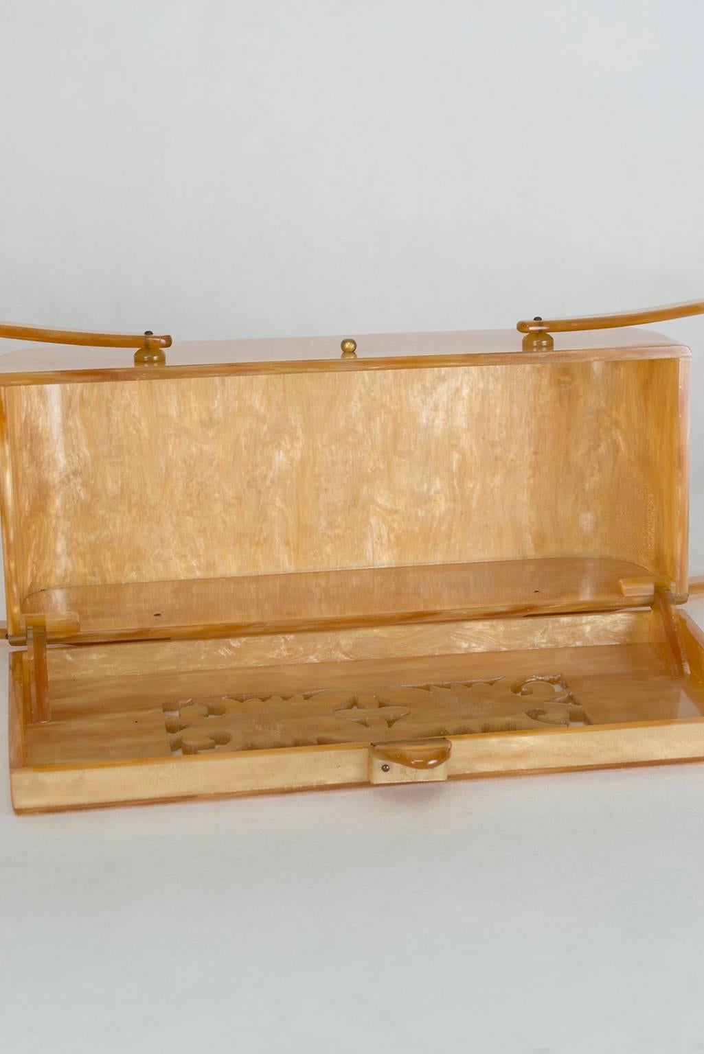 Pearlized Champagne Lucite Box Purse with Pierced Relief Lid, 1950s  1
