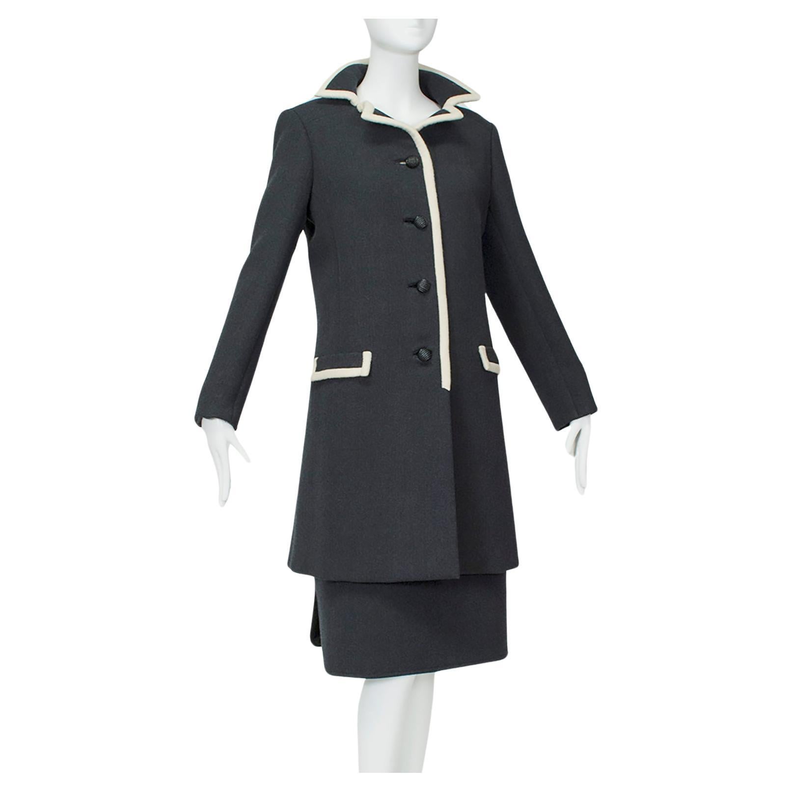 B Zuckerman Mod Jackie O Charcoal Wool Contrast Coat and Skirt Set - M-L, 1960s For Sale