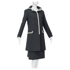 B Zuckerman Mod Jackie O Charcoal Wool Contrast Coat and Skirt Set - M-L, 1960s