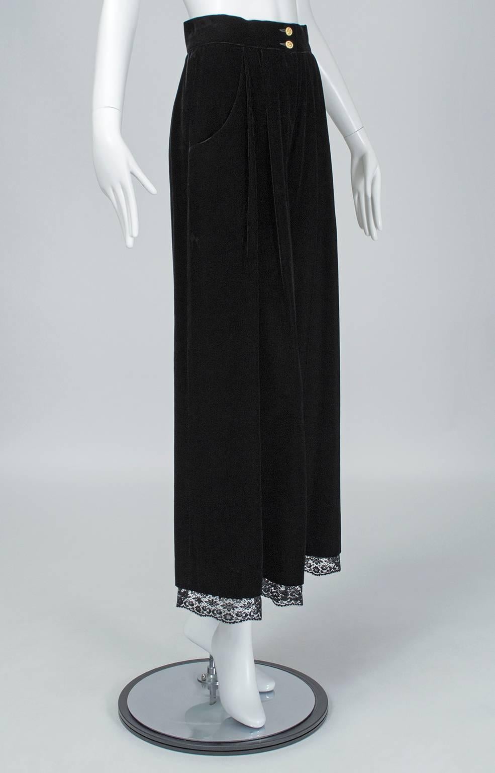 Leave it to Chanel to make even the most pedestrian item--black trousers--special. Made of the most plush, liquid velvet these culottes are trimmed at each cuff with black lace but remain as wearable (and comfortable) as your favorite jeans.

Wide