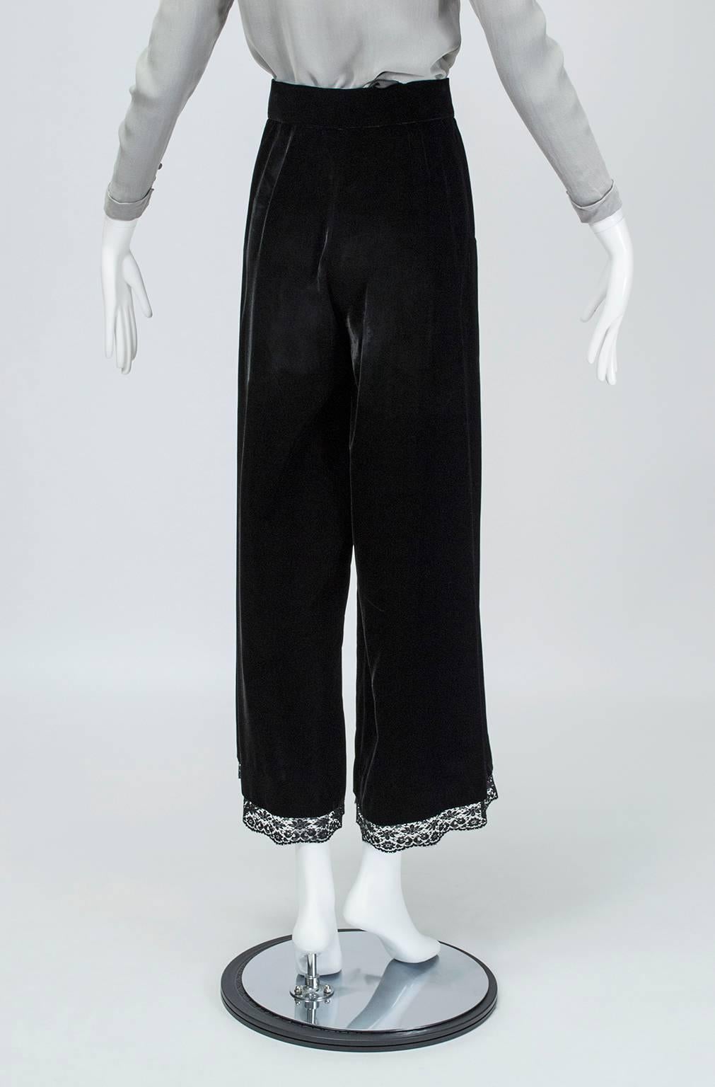Black Chanel Velvet and Lace Wide-Leg Culotte Trousers, 1980s