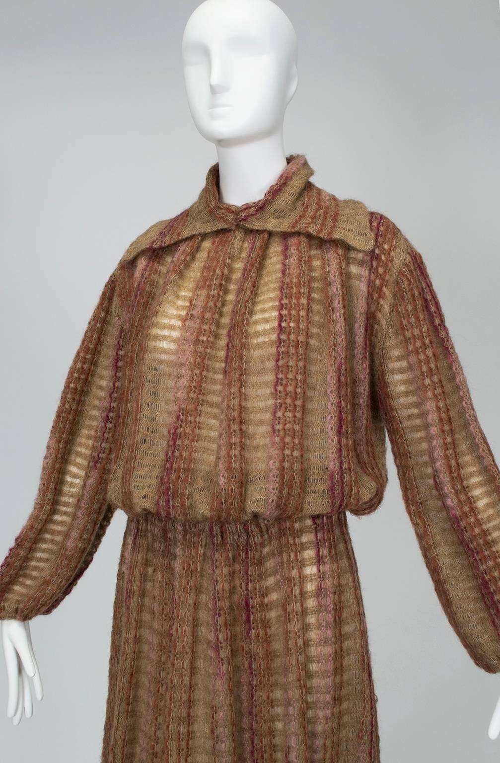 Brown Autumn Rust Mohair Fiber Art Sailor Pullover and Midi Skirt Ensemble-M-L, 1970s For Sale
