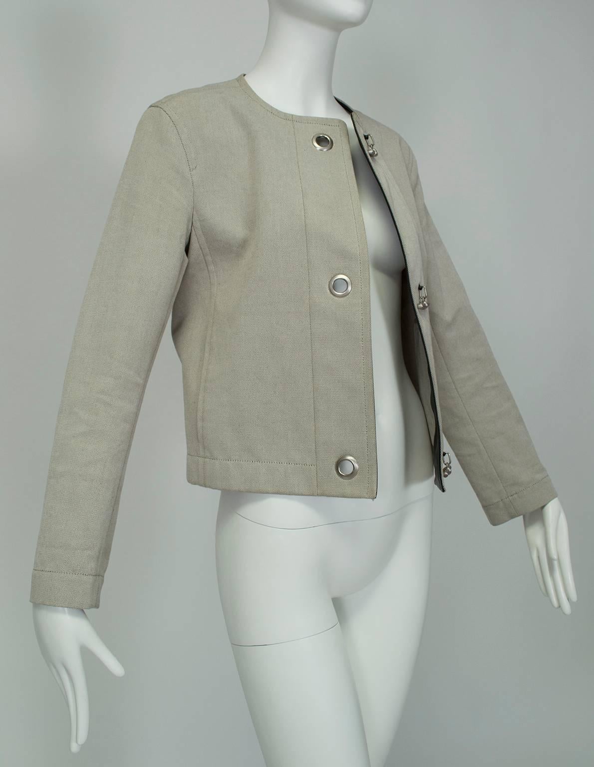 Veste courte en toile et cuir kaki Hermès, avec attaches Palladium - M, 1990 Pour femmes en vente