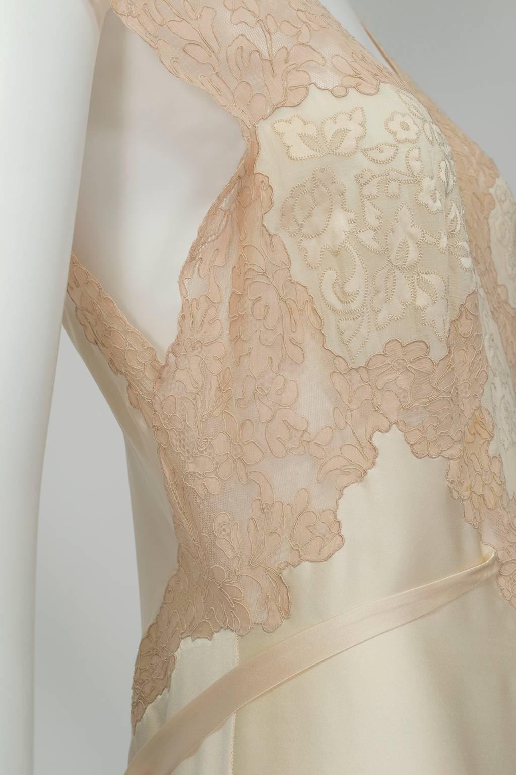 Women's Nude Hollywood Regency Charmeuse and Lace Peignoir Dressing Gown - Medium, 1930s