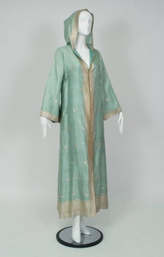 Green Sari Silk and Gold Thread Jellaba-Inspired Hooded Kaftan, Morocco-M, 1970s