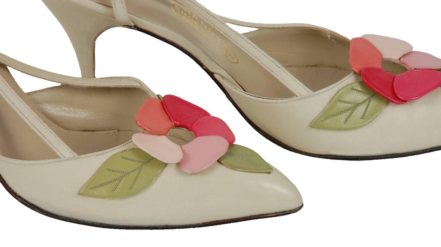 Beige I Miller Ivory, Pink and Green Peony Vamp Slingback Stiletto Sandals-6.5A, 1950s For Sale