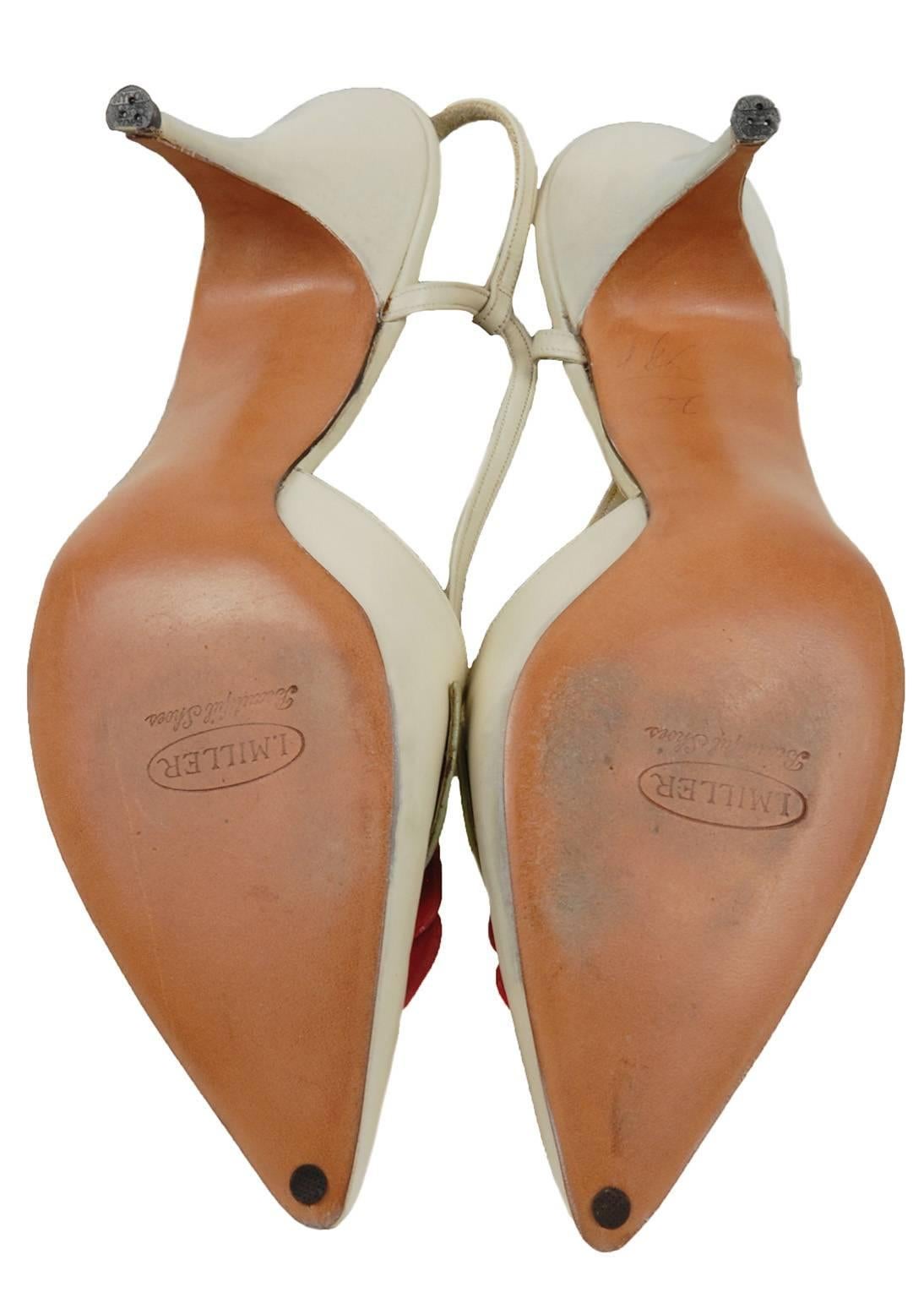 I Miller Ivory, Pink and Green Peony Vamp Slingback Stiletto Sandals-6.5A, 1950s In Good Condition For Sale In Tucson, AZ