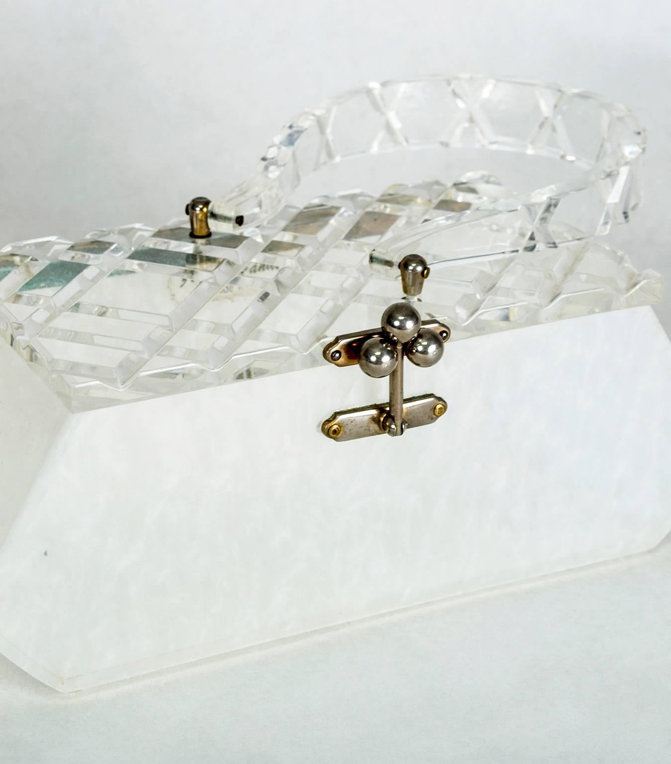 Gray Florida Handbags White Marble and Carved Crystal Lucite Box Purse, 1950s