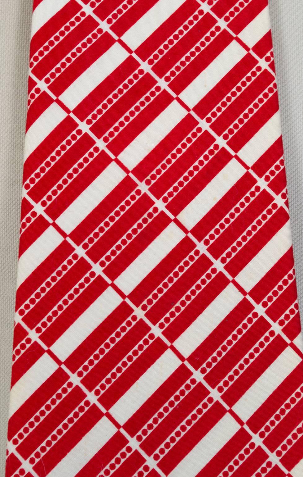 Men's Red and White Modern Graphic Stripe Cotton Necktie – Chicago, 1970s 1