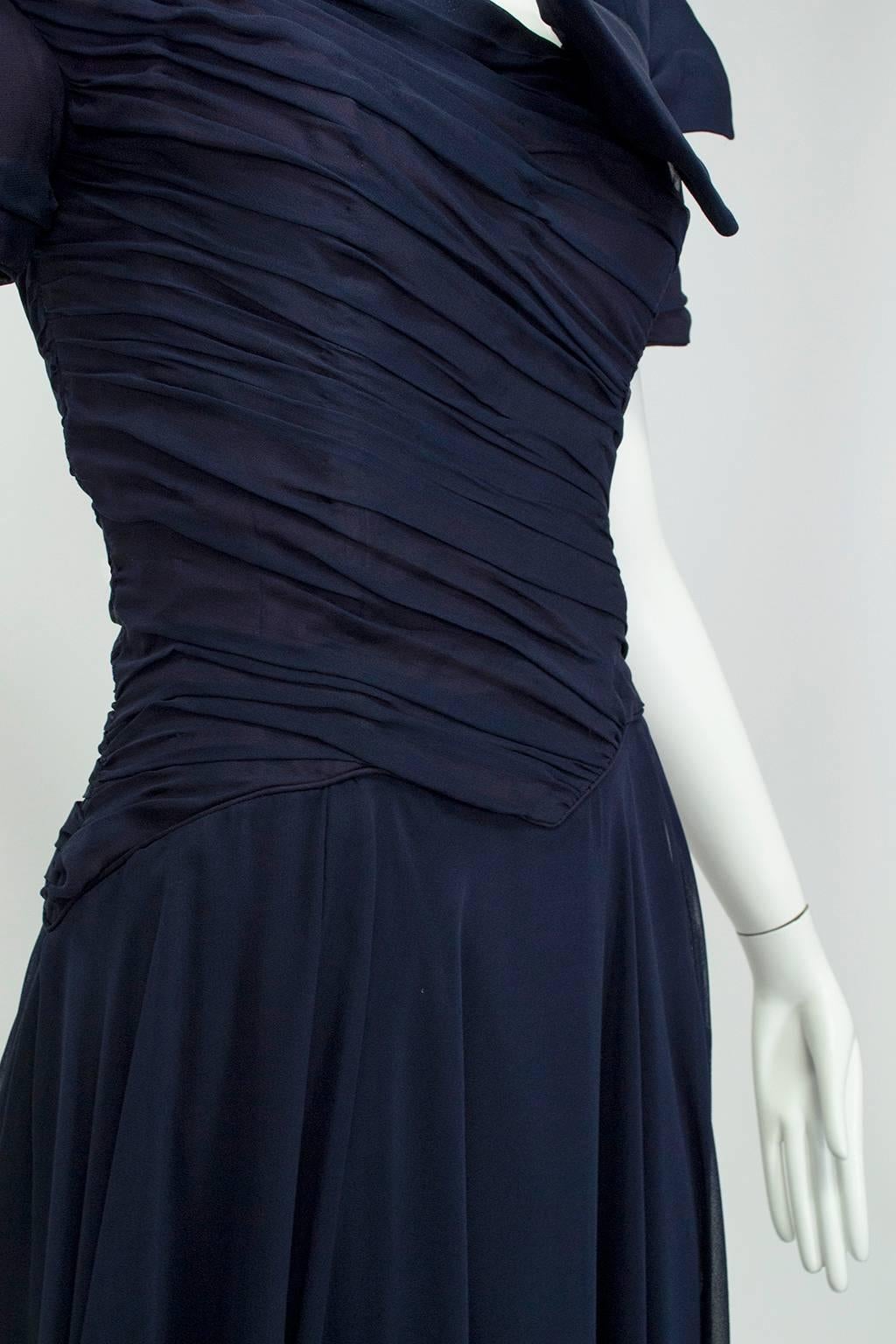 Ceil Chapman Navy Chiffon Portrait Collar Dress with Shoulder Bow - Med, 1950s For Sale 6