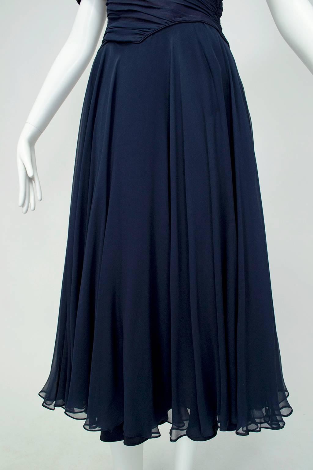 Ceil Chapman Navy Chiffon Portrait Collar Dress with Shoulder Bow - Med, 1950s For Sale 7