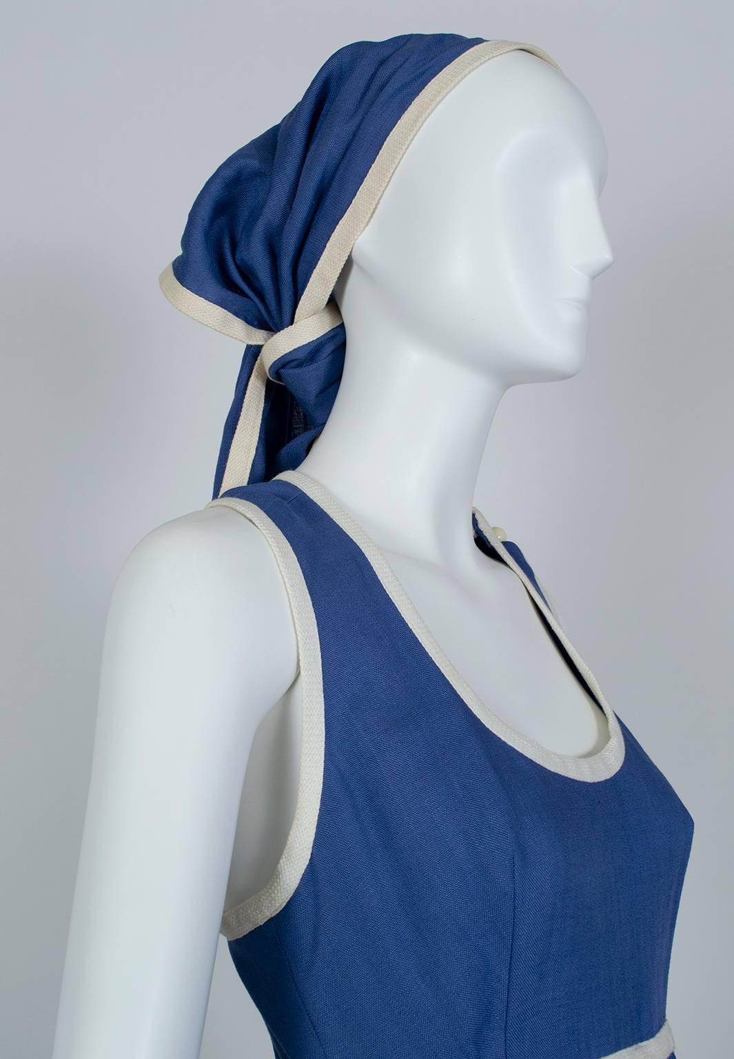 Teal Traina French Blue Racer Back Mini Apron Dress and Scarf - XS, 1960s In Excellent Condition For Sale In Tucson, AZ