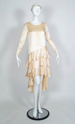 Asymmetrical Dip Hem Wedding Dress with Orange Blossom Garland, 1920s