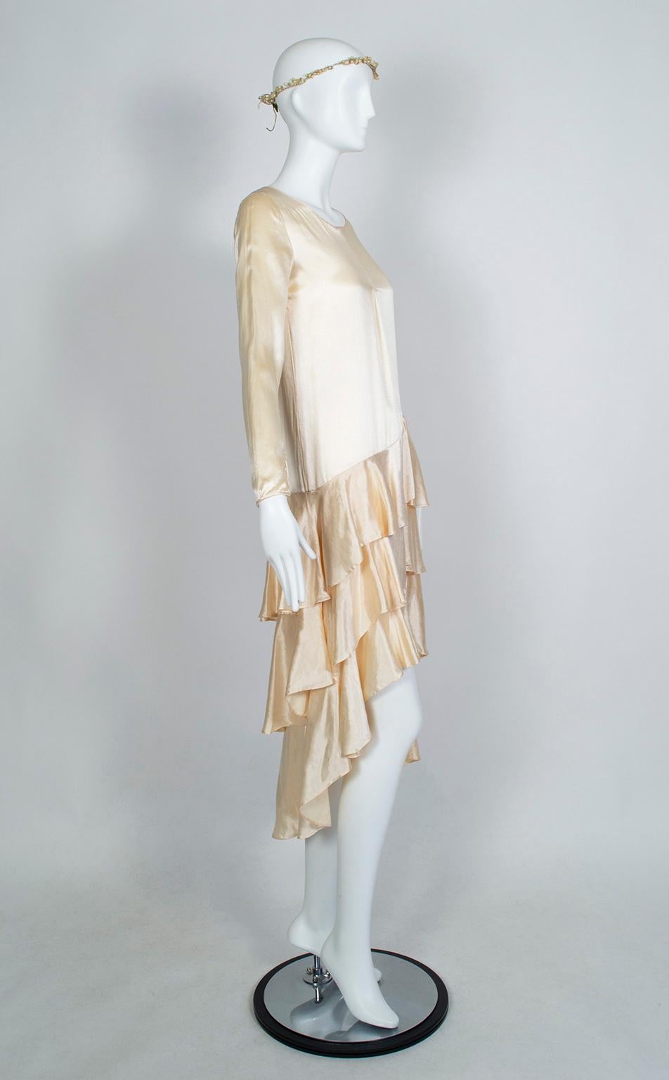 Beige Asymmetrical Dip Hem Wedding Dress with Orange Blossom Garland, 1920s