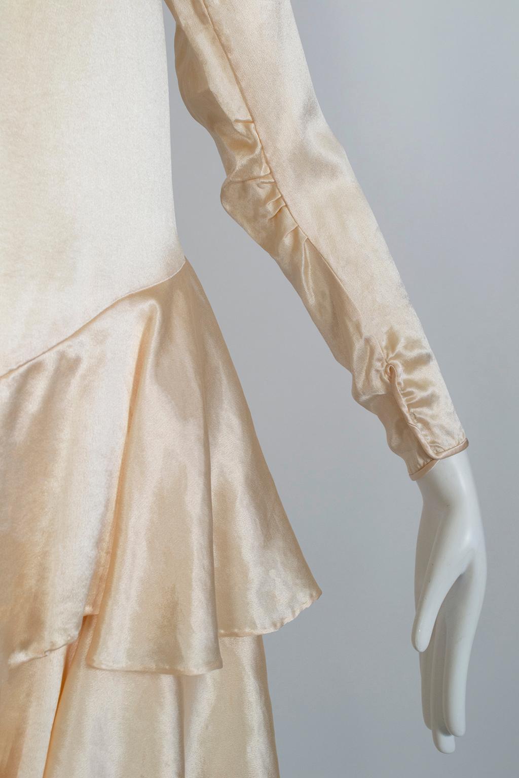 Asymmetrical Dip Hem Wedding Dress with Orange Blossom Garland, 1920s 4