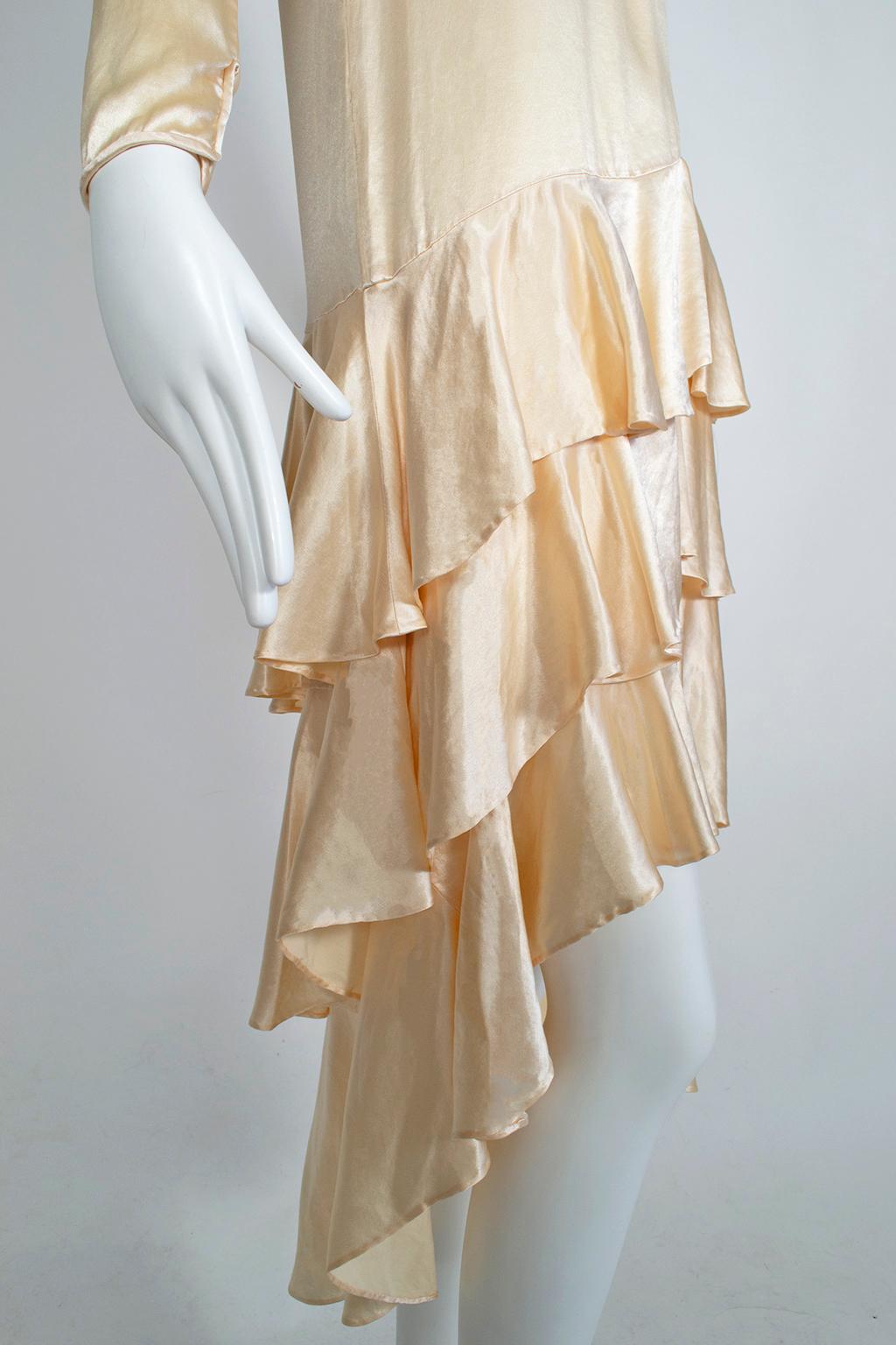 Asymmetrical Dip Hem Wedding Dress with Orange Blossom Garland, 1920s 5