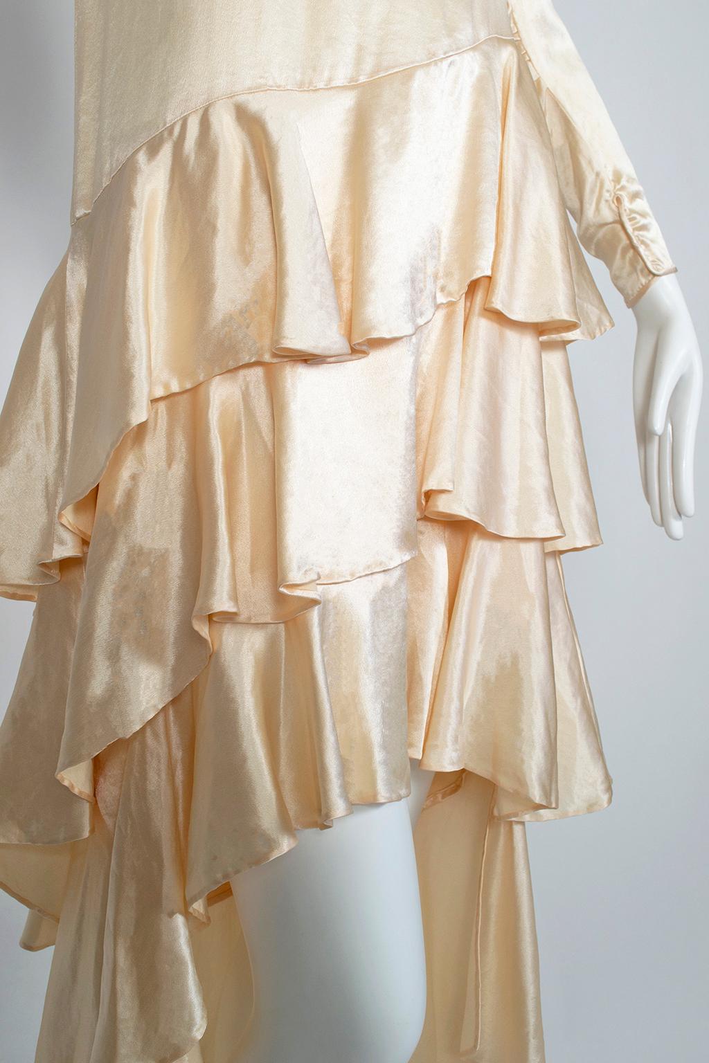 Asymmetrical Dip Hem Wedding Dress with Orange Blossom Garland, 1920s 7