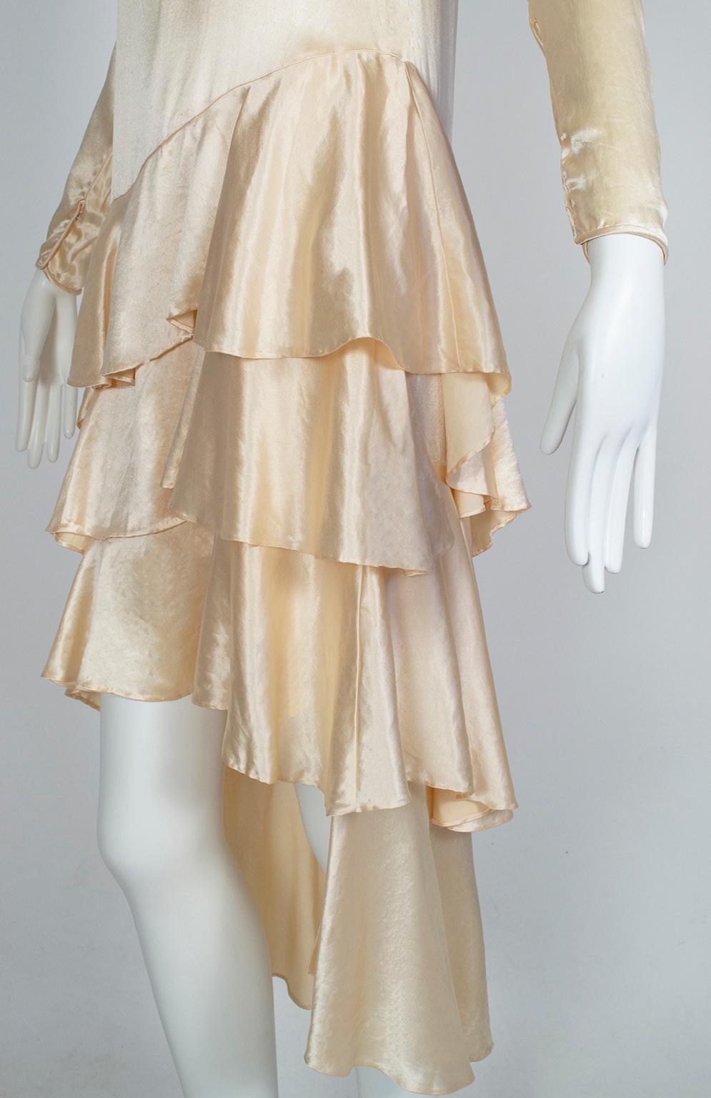 Asymmetrical Dip Hem Wedding Dress with Orange Blossom Garland, 1920s 6