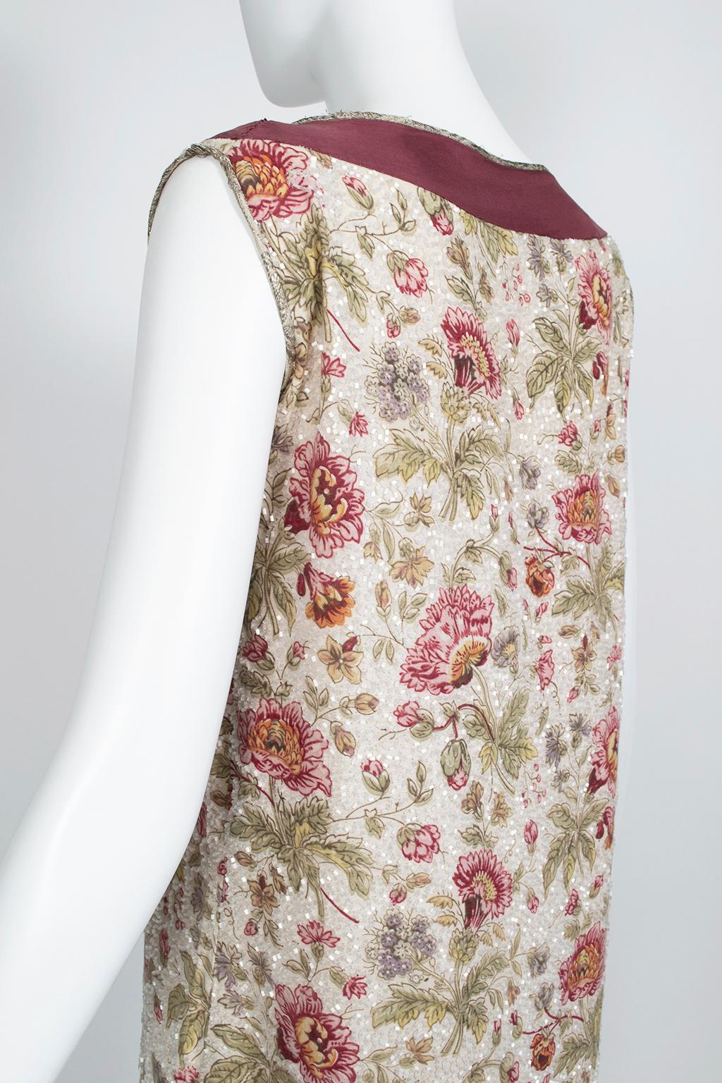 Robe sans manches à fleurs prunes en perles de verre avec passepoil doré, taille M, années 1920 Pour femmes en vente