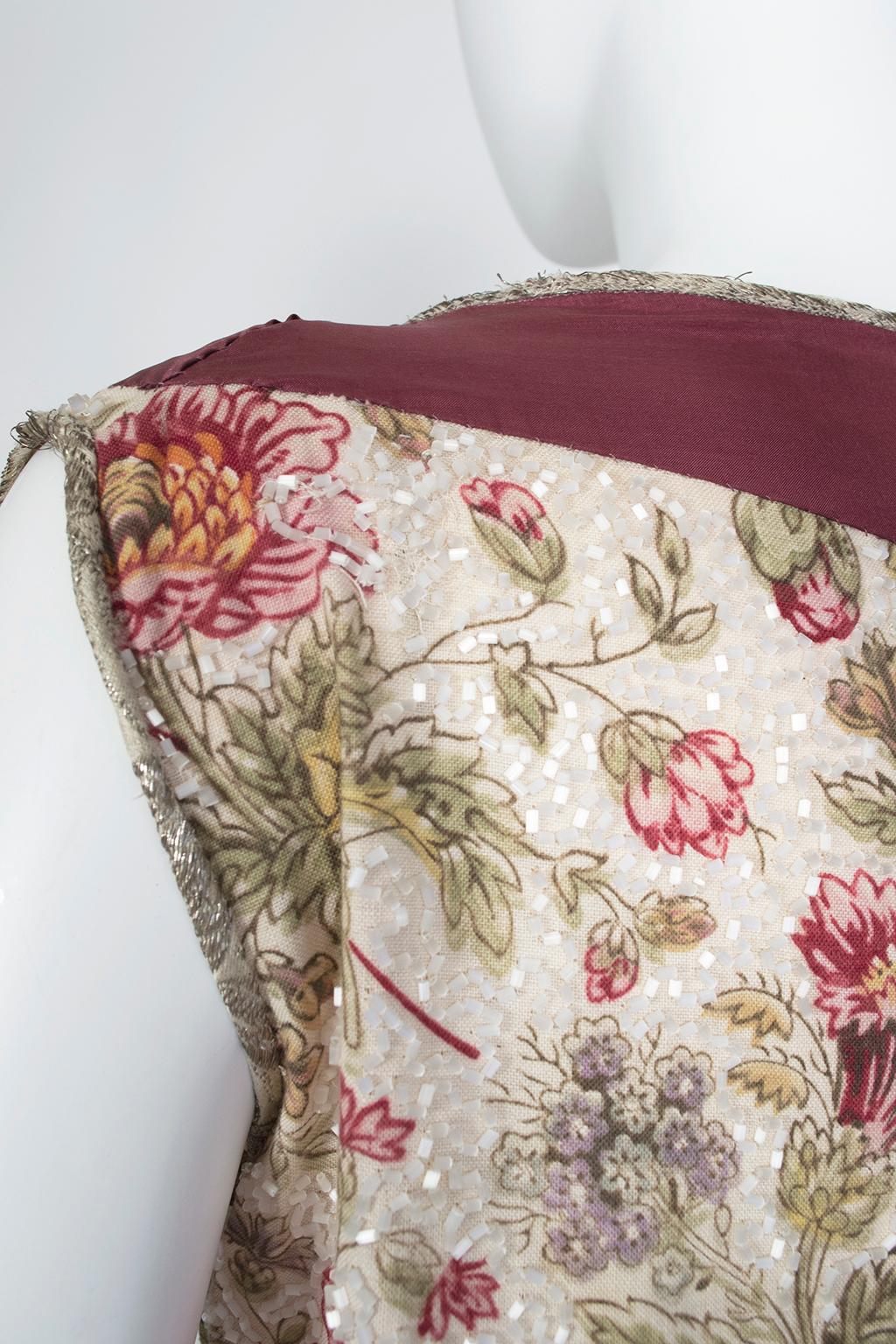 Robe sans manches à fleurs prunes en perles de verre avec passepoil doré, taille M, années 1920 en vente 4