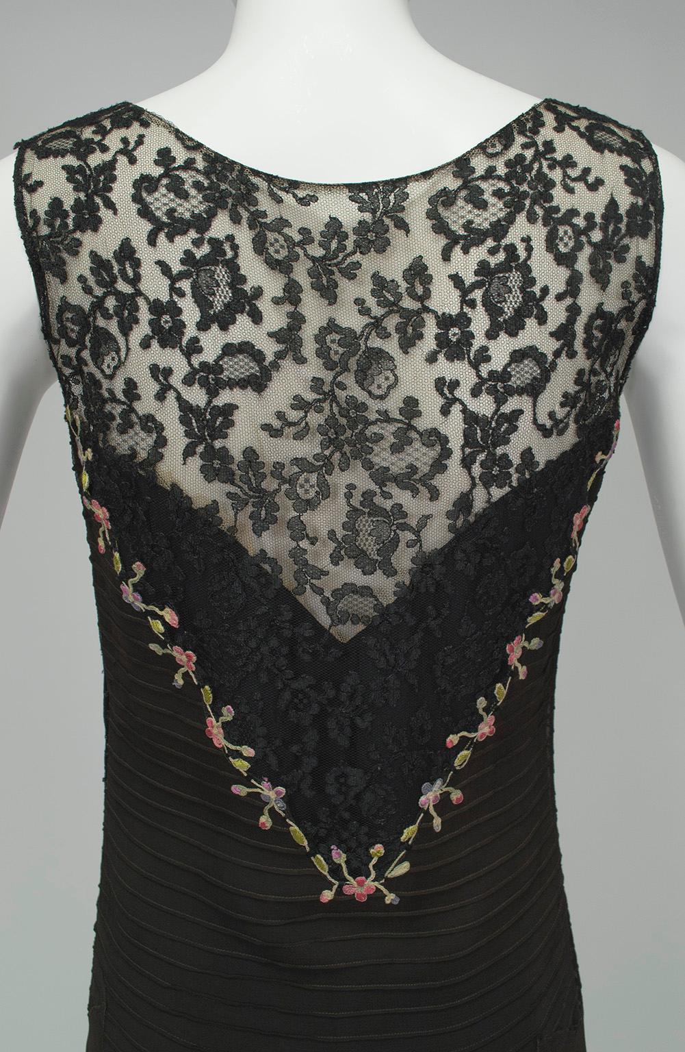 Women's Embroidered Drop Waist Trumpet Dress with Pintuck Illusion Bodice, 1920s