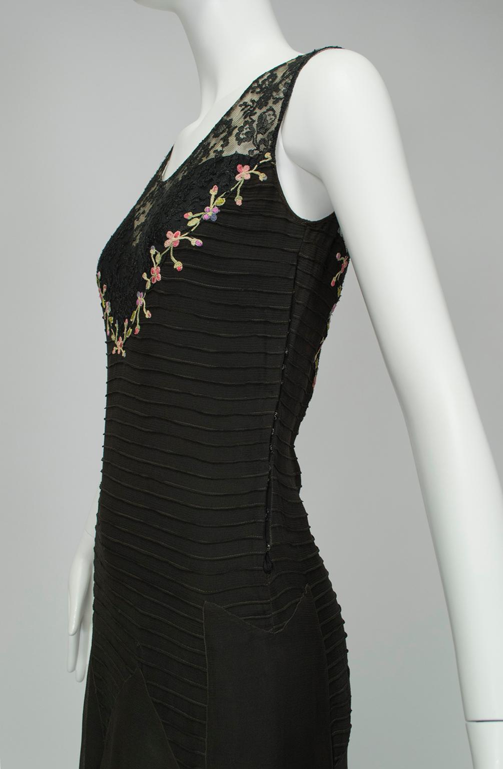 Embroidered Drop Waist Trumpet Dress with Pintuck Illusion Bodice, 1920s 1