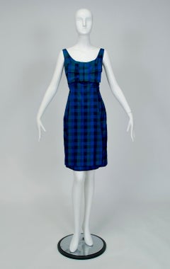 Cobalt Plaid Thai Silk Pixie Cocktail Dress with Panel Bow, Saigon - S-M, 1960s