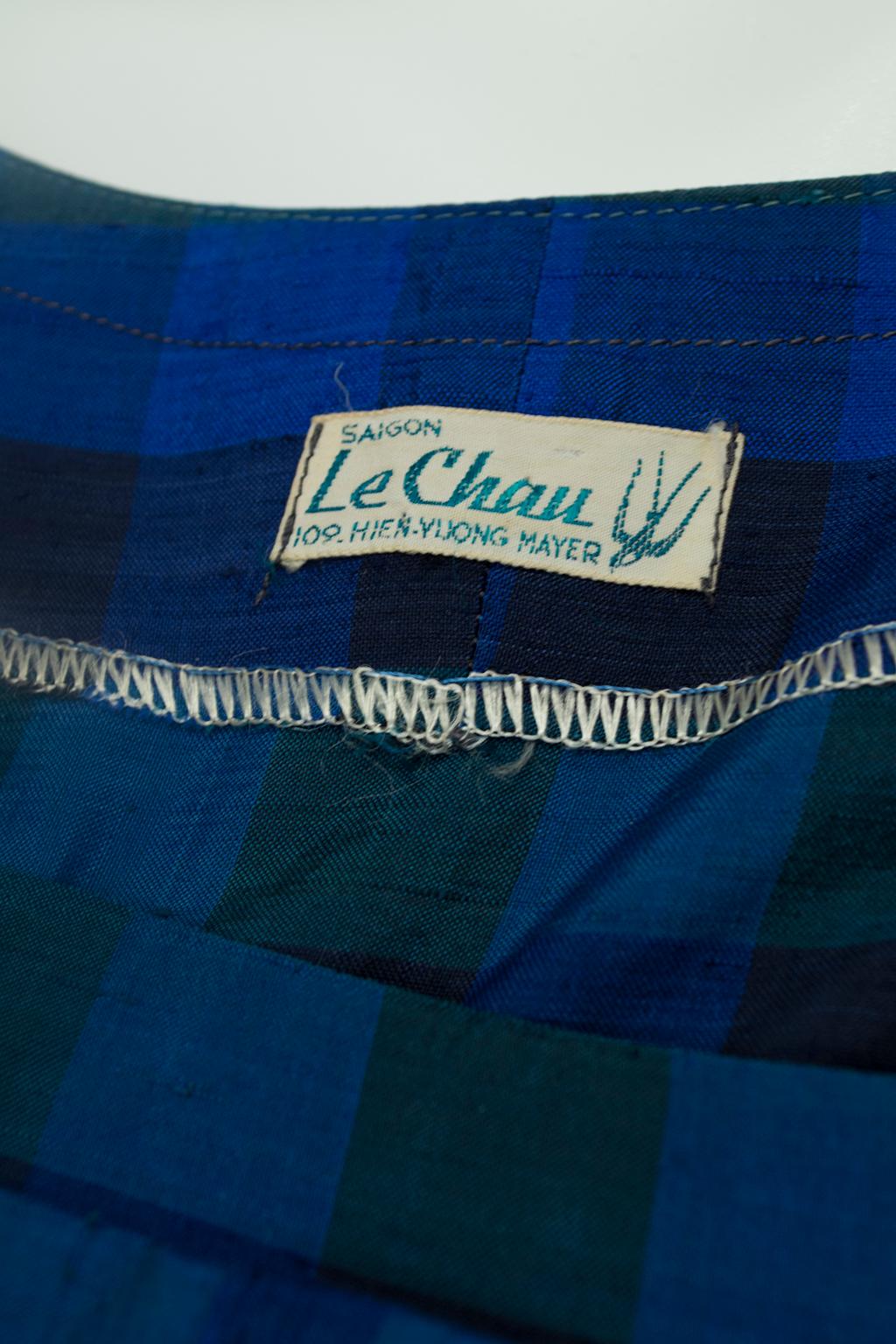 Women's Cobalt Plaid Thai Silk Pixie Cocktail Dress with Panel Bow, Saigon - S-M, 1960s For Sale