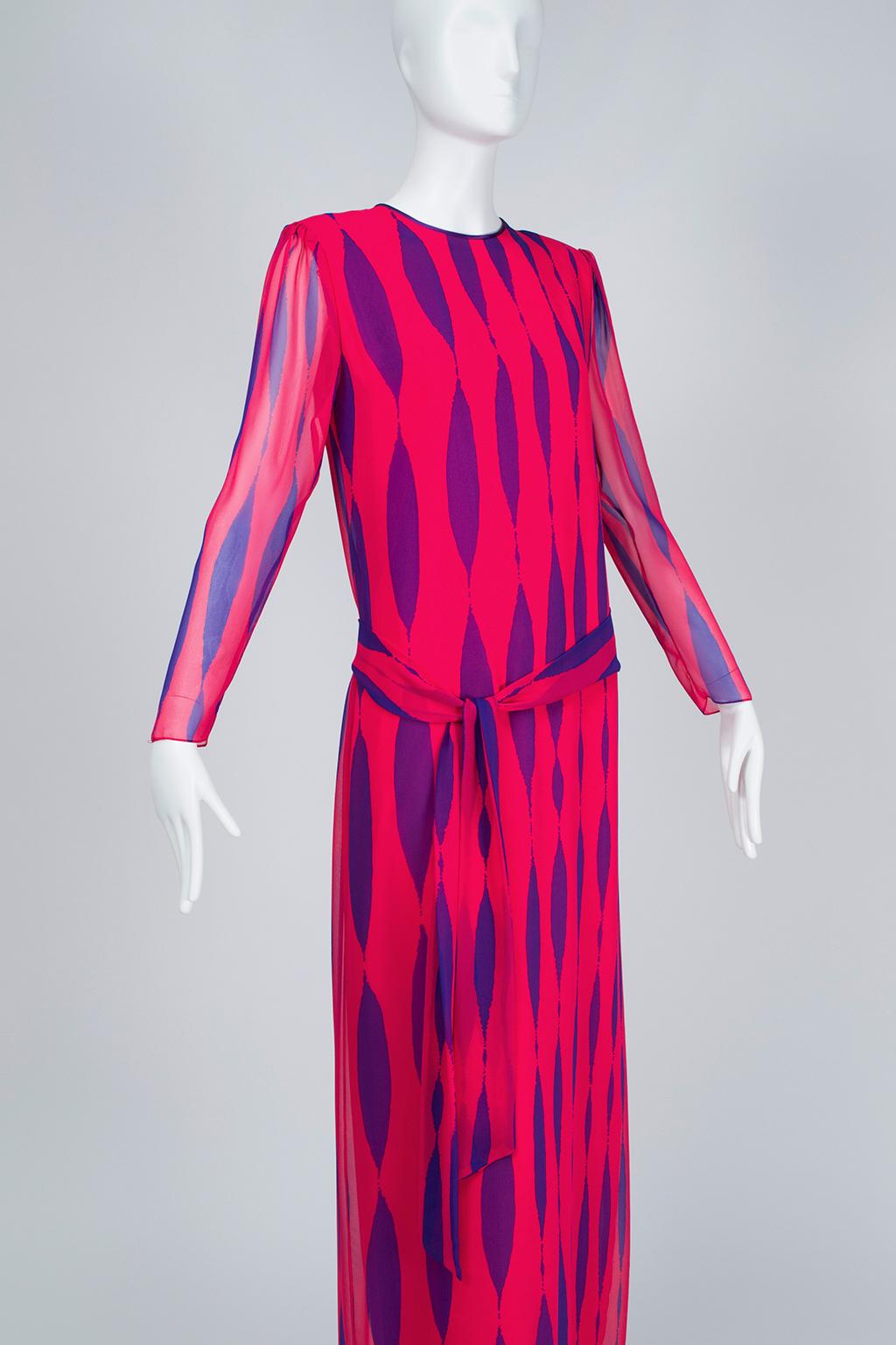 Women's Hanae Mori Fuchsia and Purple Pop Art Column Gown - Medium, 1980s For Sale