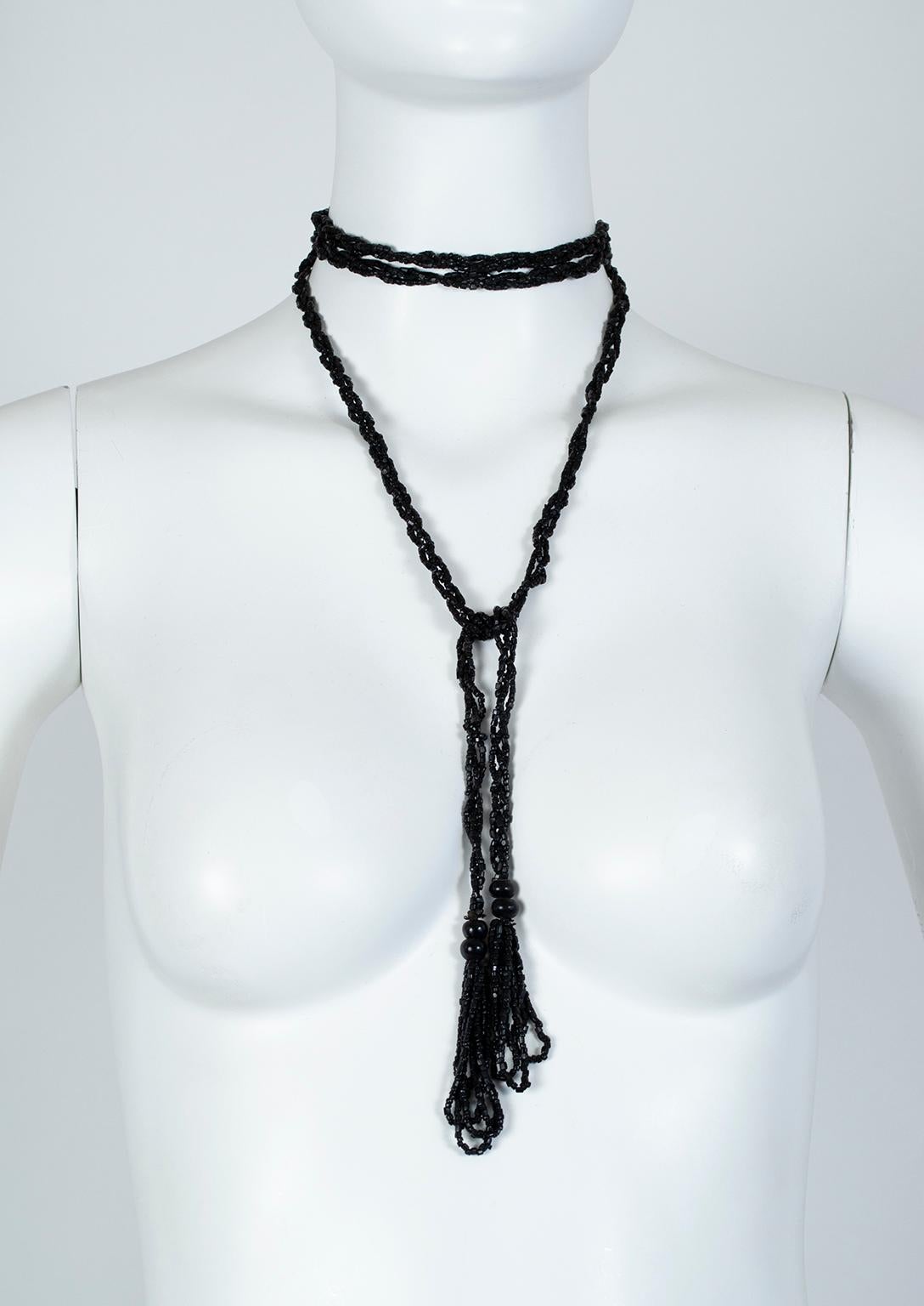 The ultimate multi-tasker, this five foot braided length of jet beads can be worn around the neck, wrist, waist or head and looks like a completely different piece of jewelry each time. Loop it as a lariat, hang it with loose ends like a scarf, wind