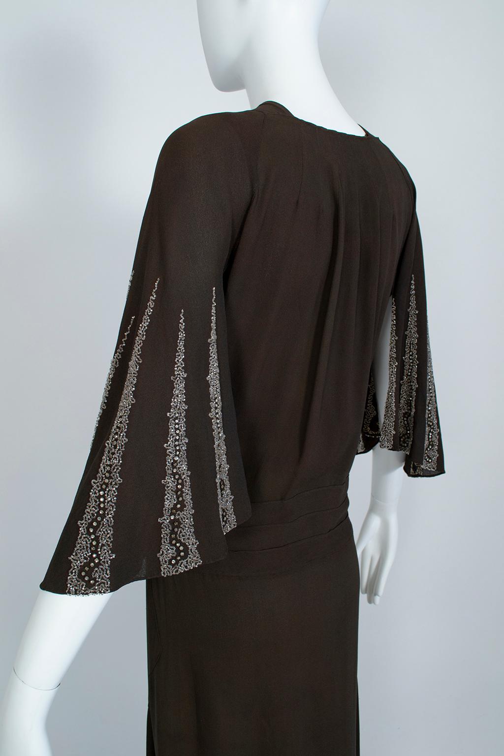 Black Brown Regency Silk Crêpe Kimono Gown with Crystal Batwing Sleeves - Med, 1930s For Sale