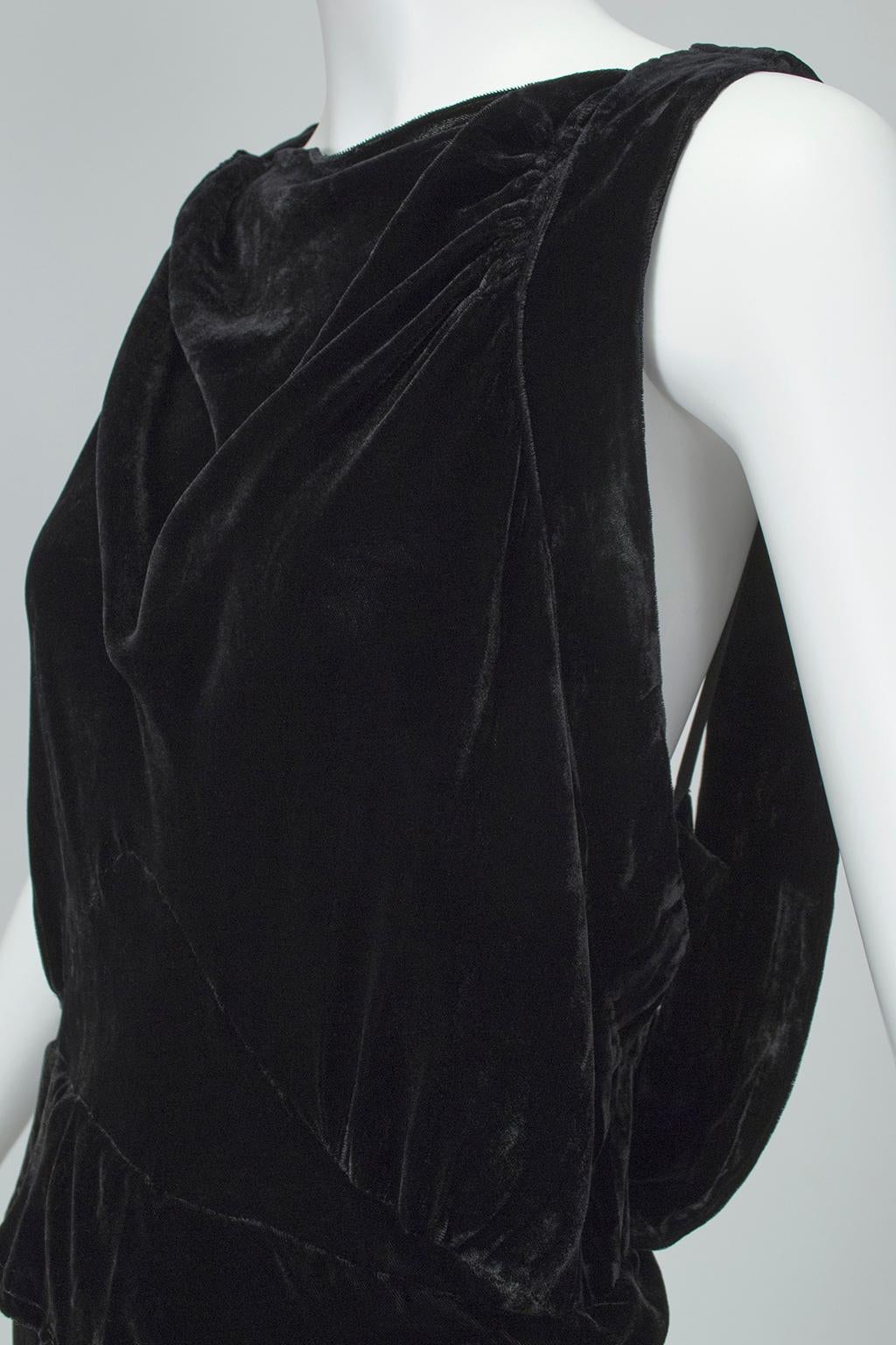 Art Deco Black Silk Velvet Slash-Back Ribbon Peplos Gown - S, late 1920s 3
