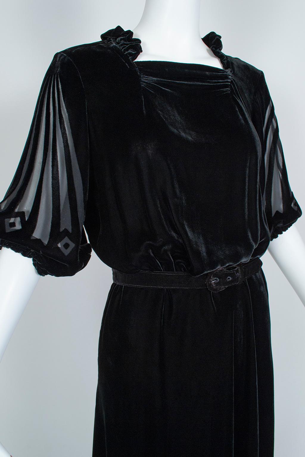 Black Art Deco Starburst Burnout Velvet Cocktail Dress - Medium, 1930s 1