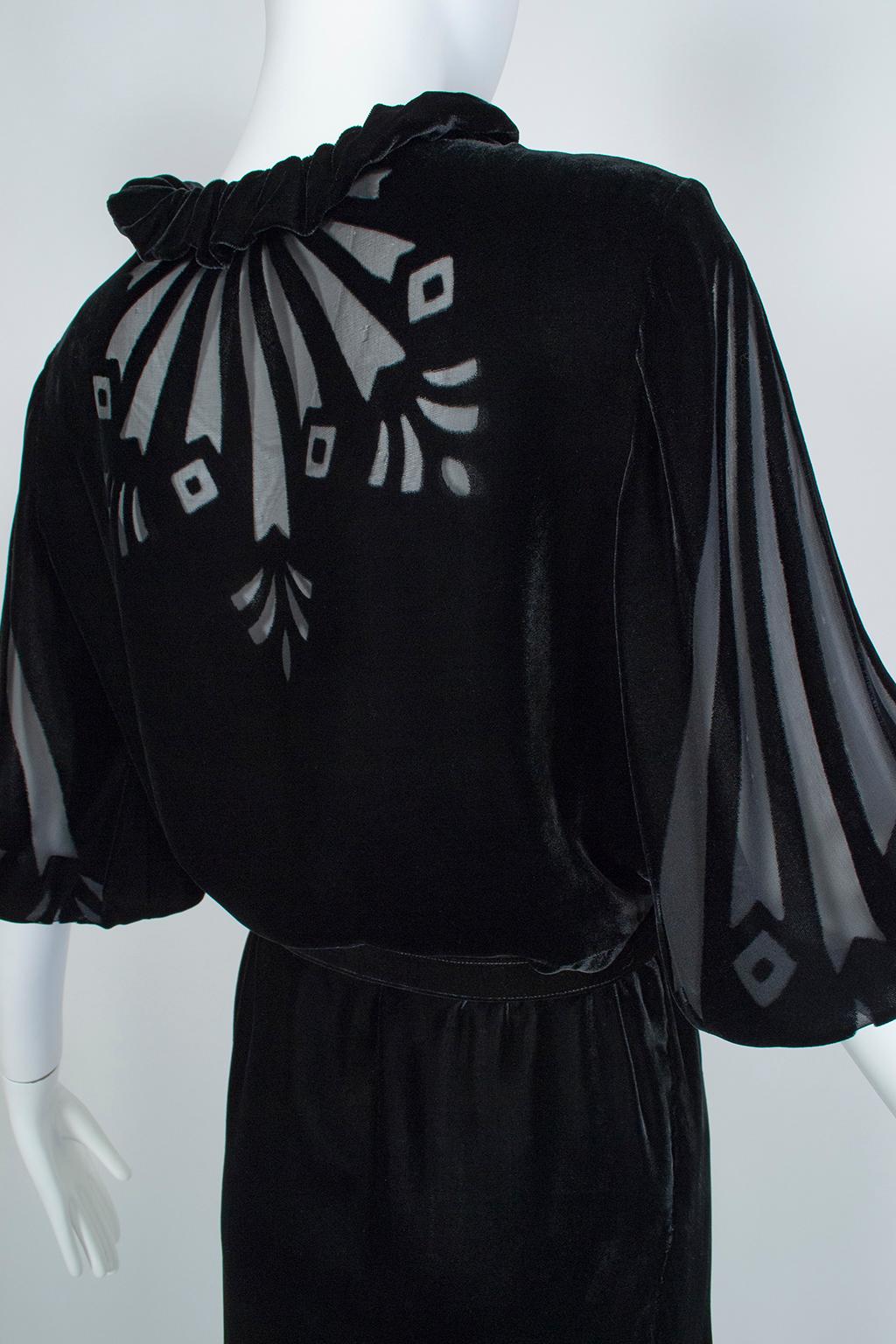 Black Art Deco Starburst Burnout Velvet Cocktail Dress - Medium, 1930s 3