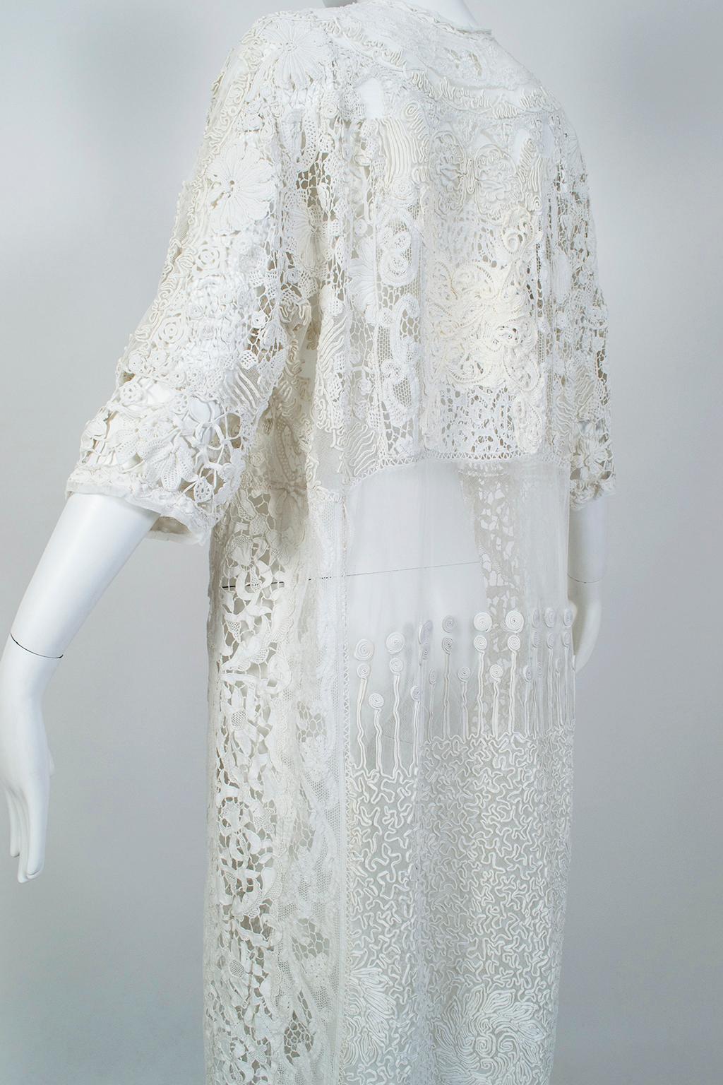 White Victorian Waist-Plunging Net and Crochet Bohemian Kaftan - O/S, 1890s 2