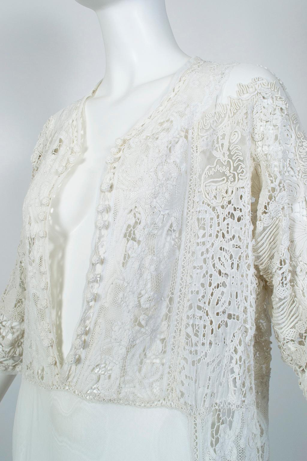White Victorian Waist-Plunging Net and Crochet Bohemian Kaftan - O/S, 1890s 3