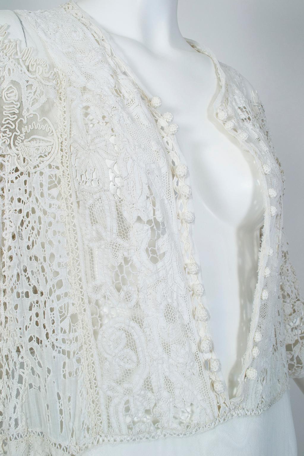 White Victorian Waist-Plunging Net and Crochet Bohemian Kaftan - O/S, 1890s 4
